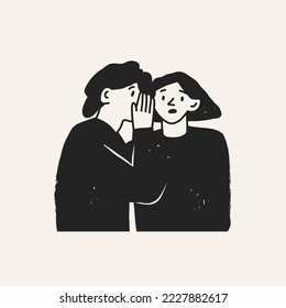 Young man whispering secrets into girl's ear. Confused young lady. Talking something to other person, gossip, rumor, secret concept. Hand drawn Vector illustration. Cartoon style. Cute characters