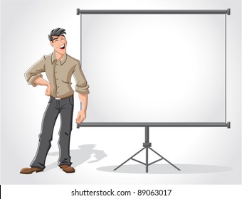 Young man and white billboard with empty space. Presentation screen.