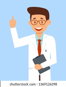 Young Man in White Coat Flat Vector Illustration. Cheerful Medic, Scientist in Glasses Cartoon Character. Dentist, Physician Profession. Chief Doctor Isolated on Blue Background. Stomatology Worker