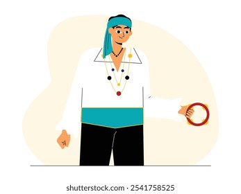 Young man in white costume chanting mantra while playing tambourine, gypsy vector illustration.