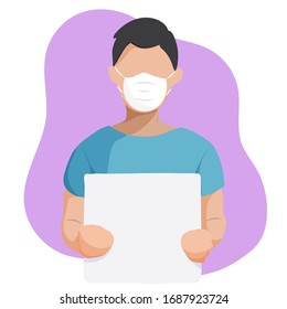 Young man in white medical face mask holding blank whiteboard. Vector illustration.