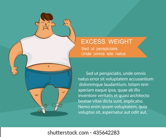 Young man in white shirt with excess weight. Comic cartoon illustration. Unhealthy nutrition article layout.Vector character.