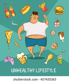Young man in white shirt with excess weight. Comic cartoon illustration. Unhealthy nutrition article layout. Vector character with set of different fast food products.