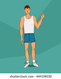 Young man in white shirt with normal body build. Comic cartoon illustration for diet and nutrition, weight loss, health and good habits articles, banners, posters. Vector character.