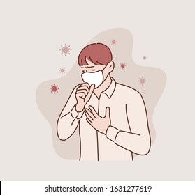 Young man with white shirt wearing a mask isolated on white background. Virus protect concept idea. Corona virus protection. Hand drawn style vector design illustrations.