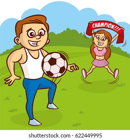 Young man in white undershirt plays with soccer ball. Girl cheerleader