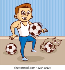 Young man in white undershirt plays with soccer ball Vector Illustration