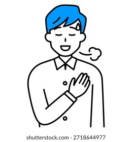 A young man who feels relieved with his hand on his chest