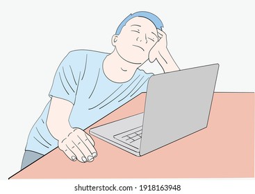 The young man who fell asleep in front of the laptop. Hand drawn style vector design illustrations.