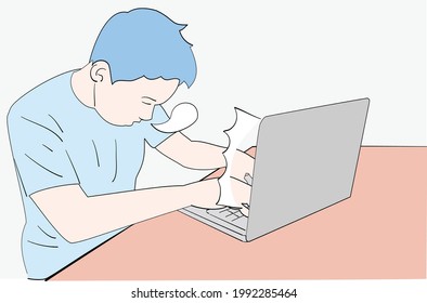 The young man who fell asleep in front of the laptop. Aman working in front of a laptop then falls asleep. Hand drawn style vector design illustrations.