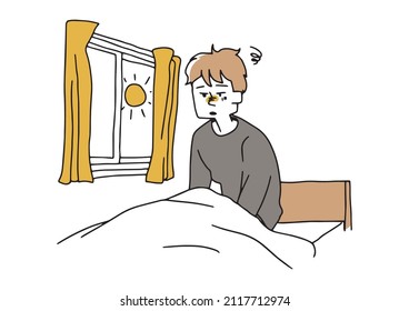  A young man who greeted the morning without sleeping  comical handwritten person illustration  simple coloring vector line drawing