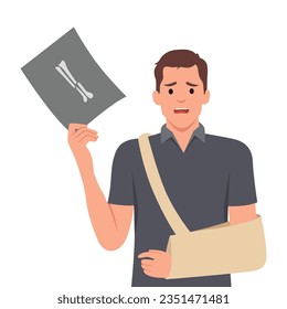 Young man who injured his arm hand. Broken arm on x ray and recovering with cast. Bone fracture treatment. Flat vector illustration isolated on white background