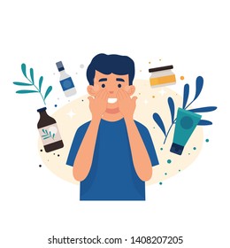 young man who likes to care for his skin with skin care, young man apply toner on the skin of the face, vector illustration character