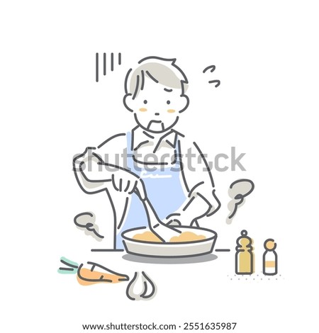 A young man who is not good at cooking takes parental leave. Simple and stylish line drawing illustration