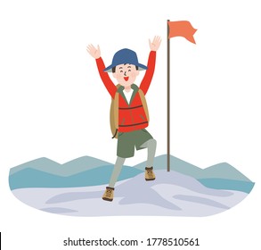 Young man who are overjoyed by raising their hands at the summit