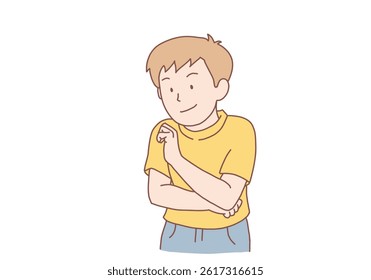 A young man who is a planner is pondering and planning something. Hand drawn style vector design illustrations.