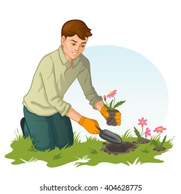 Young man who plants flower in garden, in one hand he has shovel, in another flowers with soil, vector image, eps10