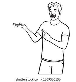 a young man who points with his hands to the side and presents something. monochrome illustration, placement, comic, laugh, half body.