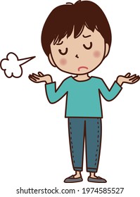 A young man who raises his hands and sighs