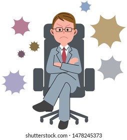 The young man who sits down on a chair and speech bubble