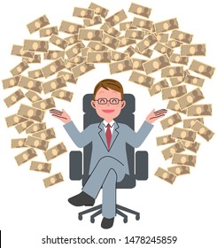 The young man who sits down on a chair and big money