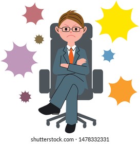 The young man who sits down on a chair and speech bubble