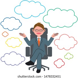 The young man who sits down on a chair and speech bubble