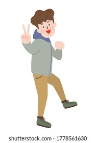 A young man who smiles and is pleased to do the V sign.Vector illustration.