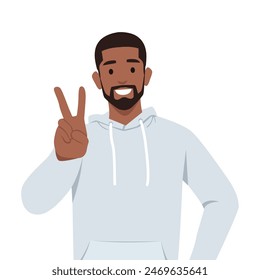 Young man who smiles and is pleased to do the V sign. Flat vector illustration isolated on white background