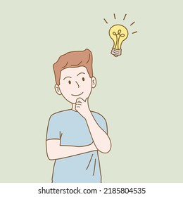 Young man who are thinking about work, light bulb as a symbol of having an idea. Vector illustration