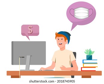 Young man who is thinking of buying a face mask online to protect himself from coronavirus, he is sitting in a chair and at his desk, with a flat screen computer, in a small work studio