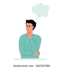 Young man who are thinking with word balloons, man putting their hand under their chin and thinking, male vector illustration characters