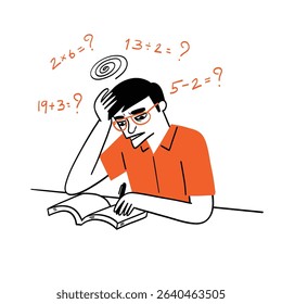Young man who is weak in mathematics, mathematical formulas, education, Hand drawing vector illustration.