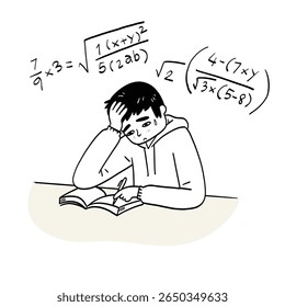 Young man who is weak in mathematics, mathematical formulas, education, Hand drawing vector illustration.