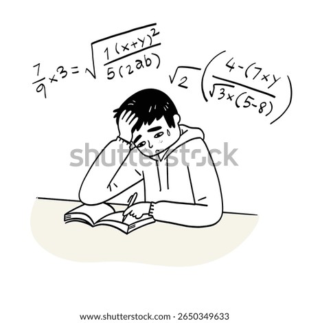 Young man who is weak in mathematics, mathematical formulas, education, Hand drawing vector illustration.