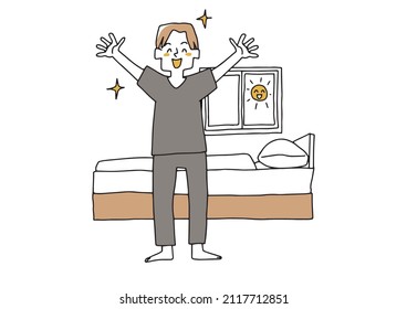 A young man who woke up comfortably in the morning, a comical handwritten person illustration, and a simple coloring of a vector line drawing.