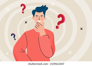 A young man who is wondering. Confused businessman. Choice, thinking, doubt, problem concept. Thinking businessman with questions mark. Question girl face. Business vector. vector