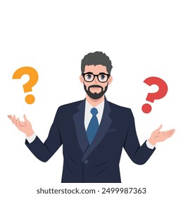 Young man who is wondering. Confused businessman. Flat Vector Illustration Isolated on White Background