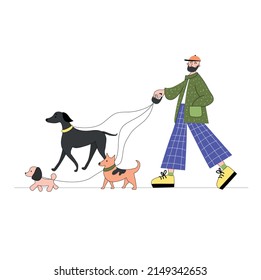 A young man in wide trousers in a cap and with a beard walks three cute dogs. Happy pet owner. Colored flat vector illustration of trendy people. Dog sitter. Active recreation concept.