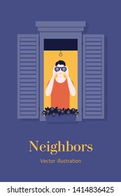 A young man from the window looking through binoculars. Neighborhood. Spy. Curious neighbor. Vector flat illustration