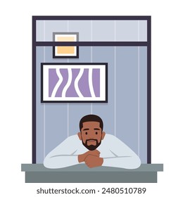 Junger Mann im Fenster. Symbol für Erwartung und Nachdenklichkeit. Flache Vektorillustration isoliert auf weißem Hintergrund