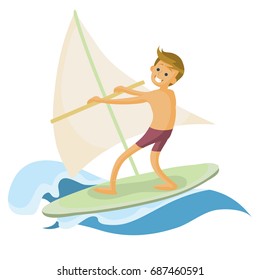 Young man windsurfing in the sea. Man standing on the board with a sail for windsurfing. Windsurf training on the water. Vector flat design illustration.