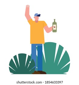 young man with wine bottle celebrating vector illustration design