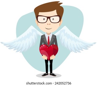 Young man with wings, holding a heart in his hands