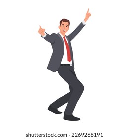 Young man winning at work. Businessman with strong emotions on his face wearing business suit. Fist up happy. Flat vector illustration isolated on white background