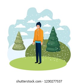 young man with winter clothes and winter pine avatar character