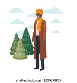 young man with winter clothes and winter pine avatar character