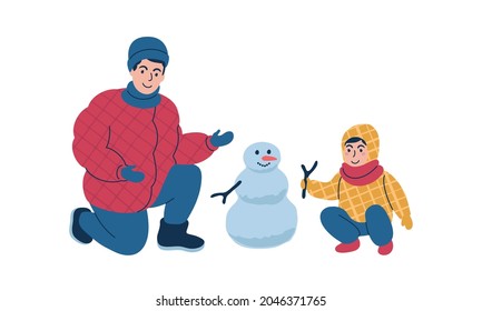 A young man in winter puffer coat building a snowman with a child. Cosy outdoor winter scene. Flat style isolated vector illustration.