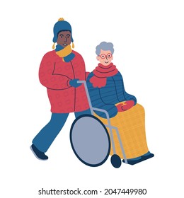 A young man in winter puffer coat pushing a wheelchair with a senior woman. Cosy outdoor winter scene. Flat style isolated vector illustration.