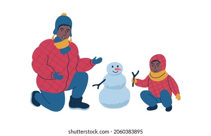 A Young Man In Winter Puffer Coat Building A Snowman With A Child. Cosy Outdoor Winter Scene. Flat Style Isolated Vector Illustration.